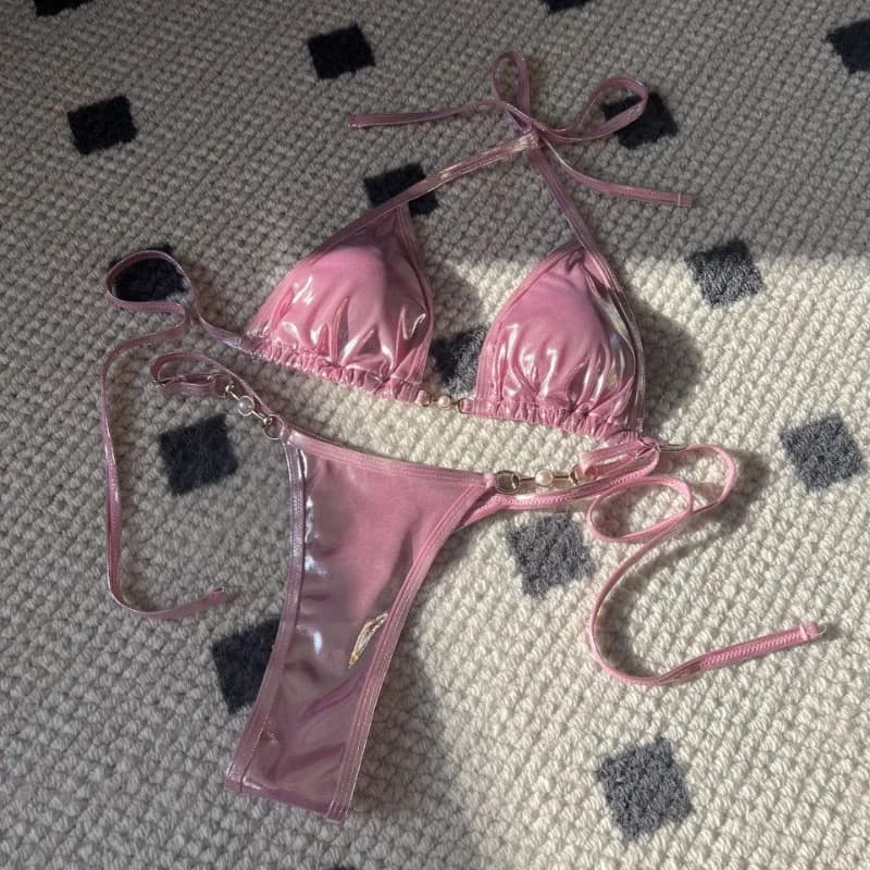 Rosa lucido Micro Bikini 2025 Mujer Donna Sexy PU Perle Push Up Perizoma Costume da bagno Estate Costume da bagno Fasciatura Vacanza Costumi da bagno