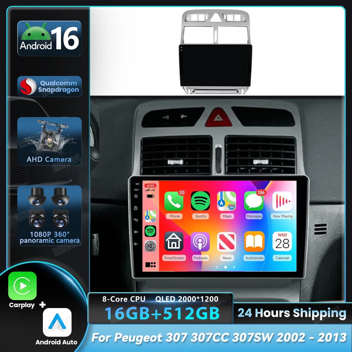 Lettore Multimediale Android 16 per Peugeot 307 307CC 307SW 2002 - 2012 2013, Stereo Auto con Carplay, DVD, Video, BT, DSP, Navigazione e Radio