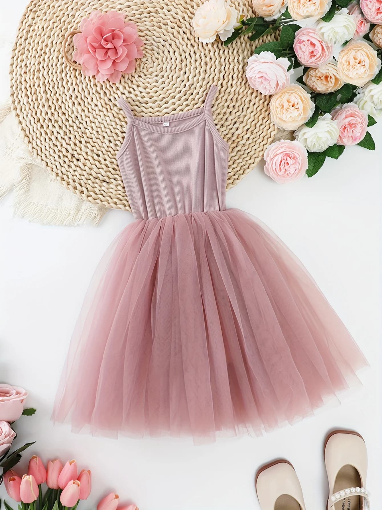 Girls' Solid Color Square Neck Camisole Dress - Summer Style Tulle Dress for Outdoor Casual Parties