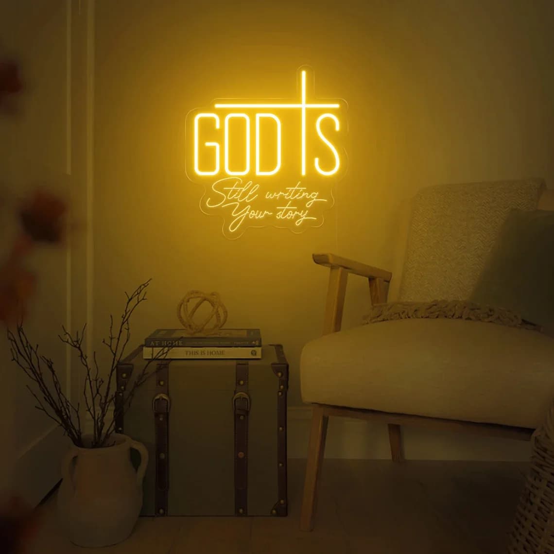 God Is Still Writing Your Story neon sign, Cross Decor Sign, Boho Christian Jesus Bible Quote Church salmi Wall Decor Sign
