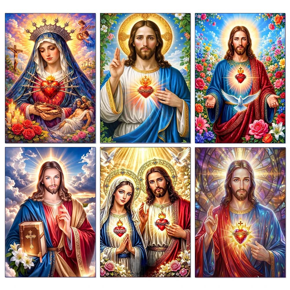 5D DIY Diamond Painting Jesus Sacred Heart & Virgin Mary Religious Christian Art Rhinestone Mosaic Cross Stitch Home Decor Gift