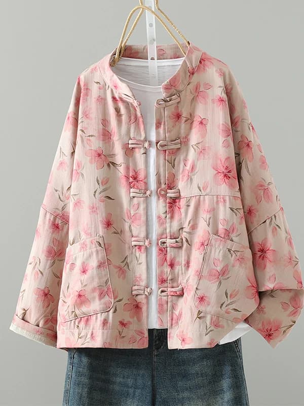 New Chinese Style Artistic Retro Printed Button up Cardigan Loose Cotton Linen Short Jacket Spring Season Zen Buddhist Trend