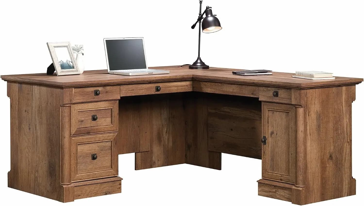 Palladia L Shaped Desk with Drawers, Office Desk with File Cabinet Storage, Cable Management, Keyboard Tray, in Vintage Oak Fini