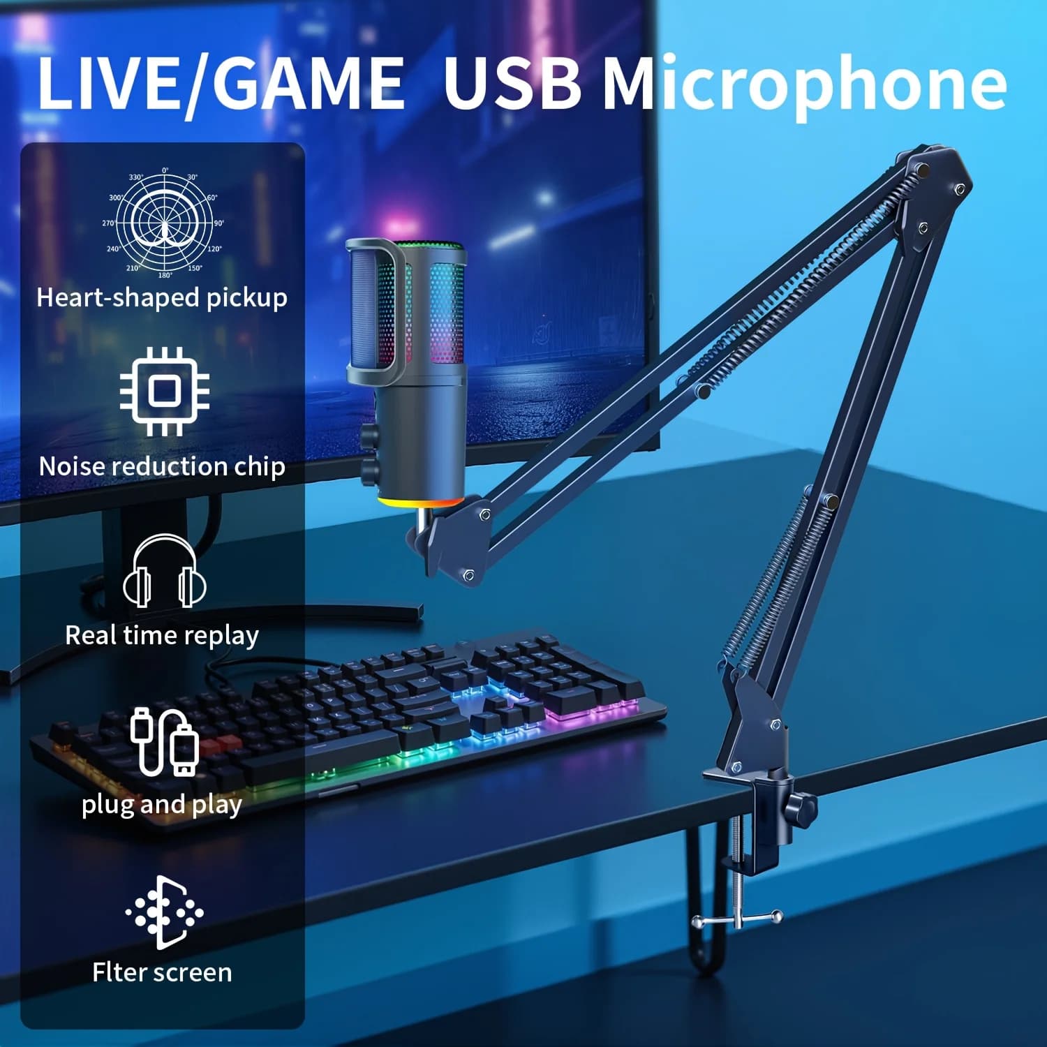 Microfono USB per Podcast, Microfono a Condensatore per PC, Kit Microfono Plug & Play con Supporto a Braccio, Diaframma Grande da 16MM