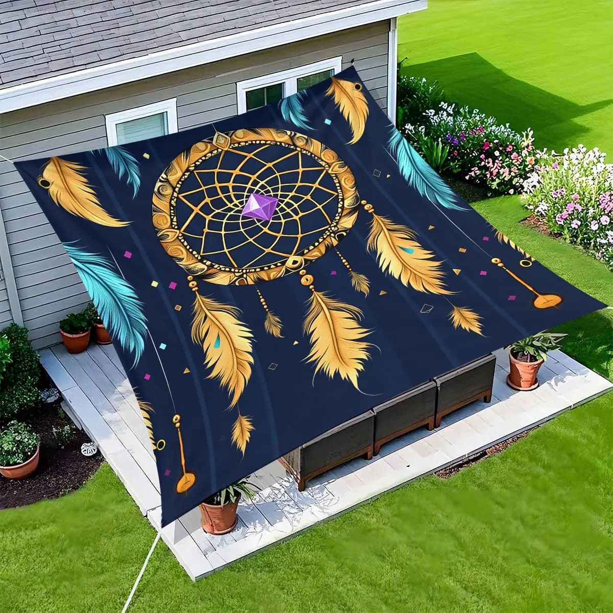 1 Piece Bohemian Dream Catcher Pattern Outdoor Awning and Beach Shade-Sophisticated Gold Mesh and Feather Design UV Protectio