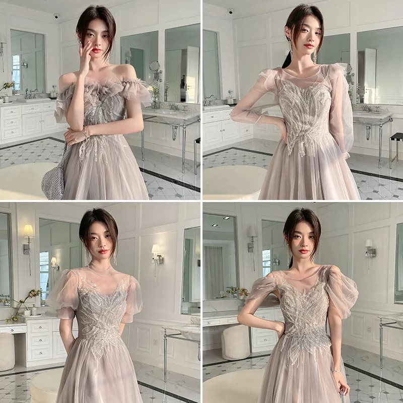 Grey Maids Dress Elegant Long Sleeve Women's Gown Crystal Beads Middle Waist Floor Length for Wedding Party Performance
