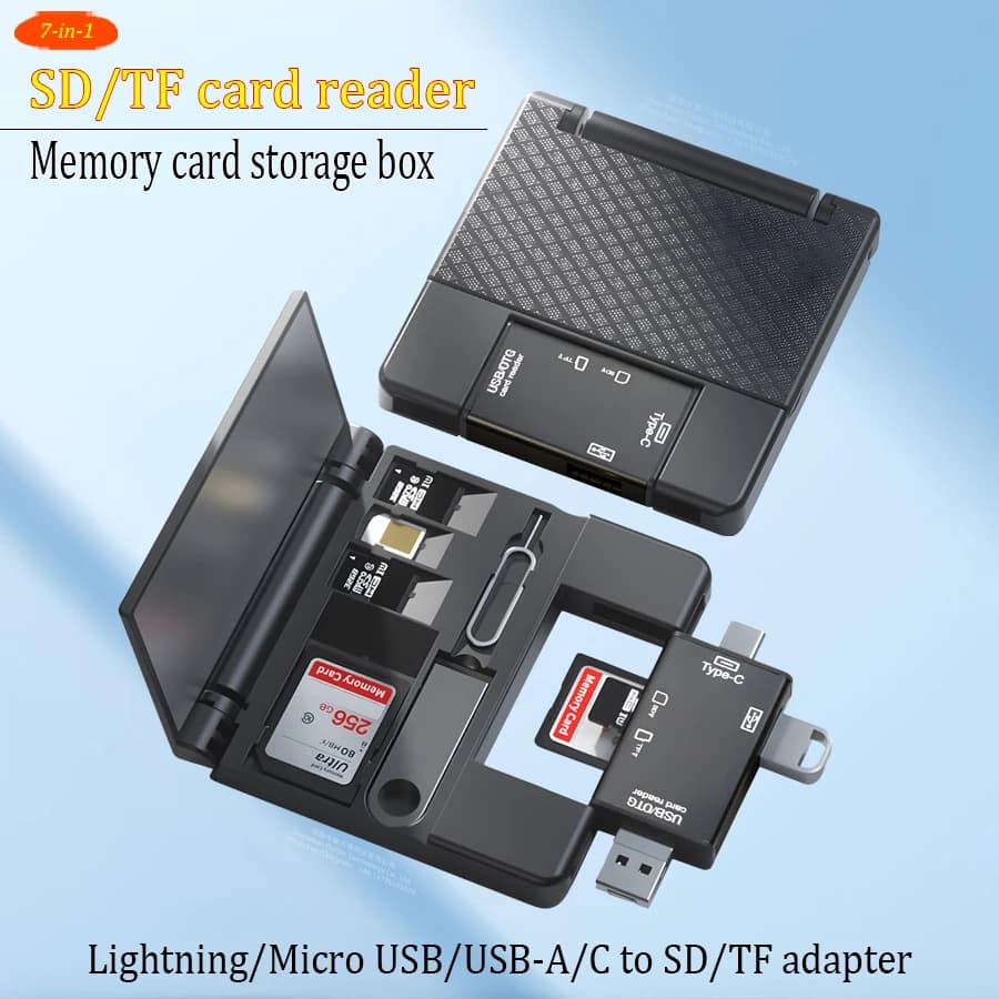 Lettore di schede SD/TF, custodia/scatola per schede di memoria, adattatore Lightning/Micro USB/USB-A/C a SD/TF per laptop, PC, telefono, tablet, drone, fotocamera