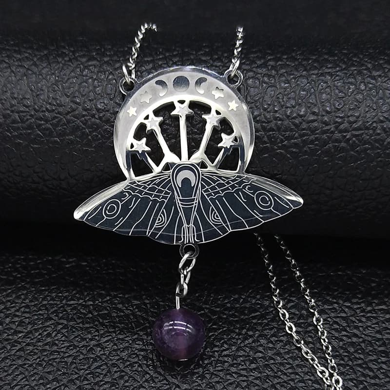 Pipistrello Stregoneria Tripla Luna Dea Collana In Acciaio Inox Donne Argento Colore Falena Collana Jewerly collare mujer N3059S02
