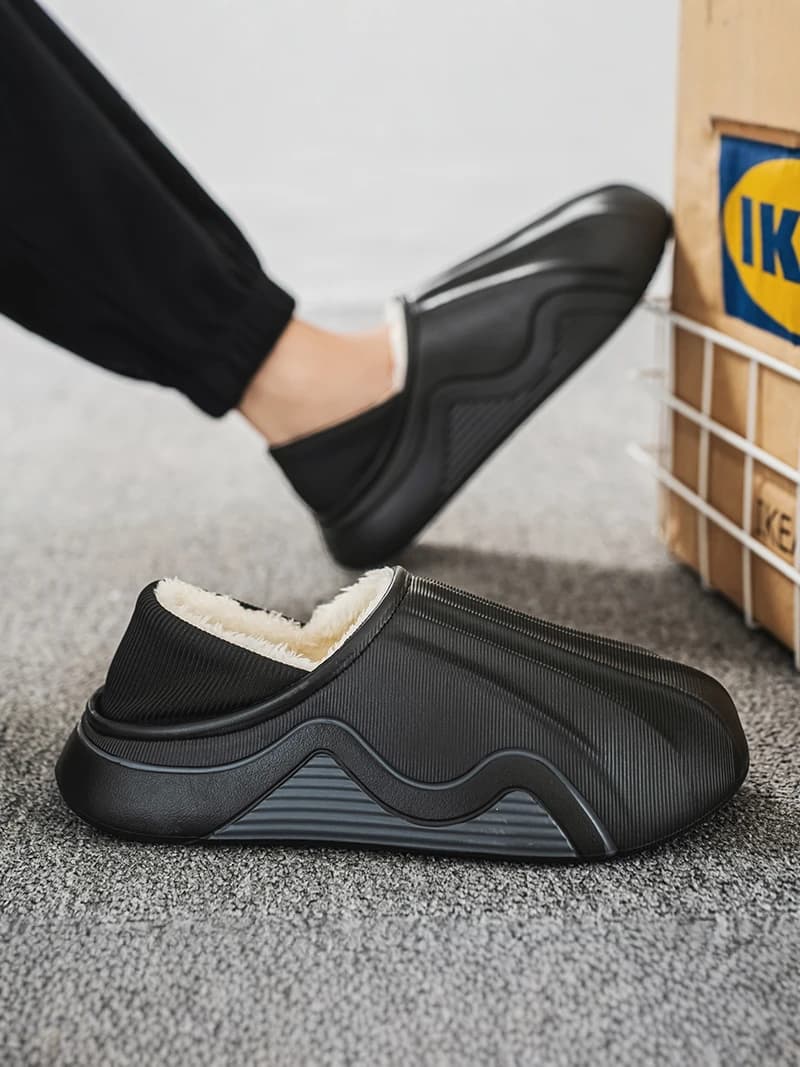 Pantofole da uomo in cotone, invernali, con fondo spesso antiscivolo, calde in pile, casual da casa, stivali slip-on con tallone posteriore confortevole in EVA