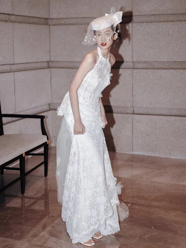 Abito da sposa in pizzo senza schienale con scollo all'americana, vita media, a coda di pesce, stile semplice, per giovani donne 18-25 anni