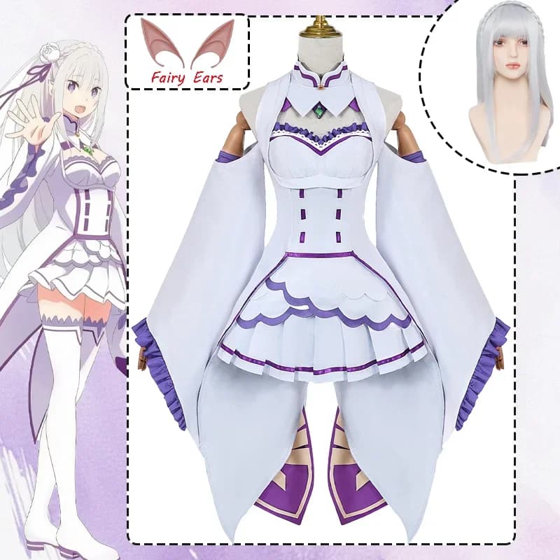 CosplayEmilia Costume Cosplay Anime Re Life In A Different World From Zero Parrucca Cosplay Orecchie da Fata Abiti Festa di Halloween