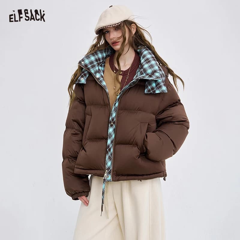 ELFSACK 2025 Women's Reversible Down jacket, short Y2K down jacket with hood and high neck, casual bifacial winter jacket preppy