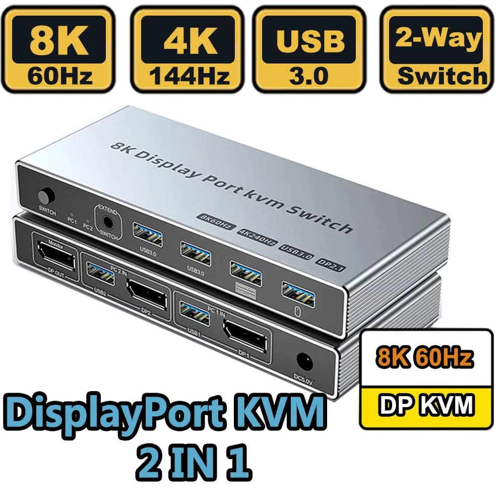Switch KVM DisplayPort 2 in 1 out 8K@60Hz 4K@144Hz DP1.4 con 4 porte USB 3.0 per 2 PC, per condividere monitor, tastiera e mouse