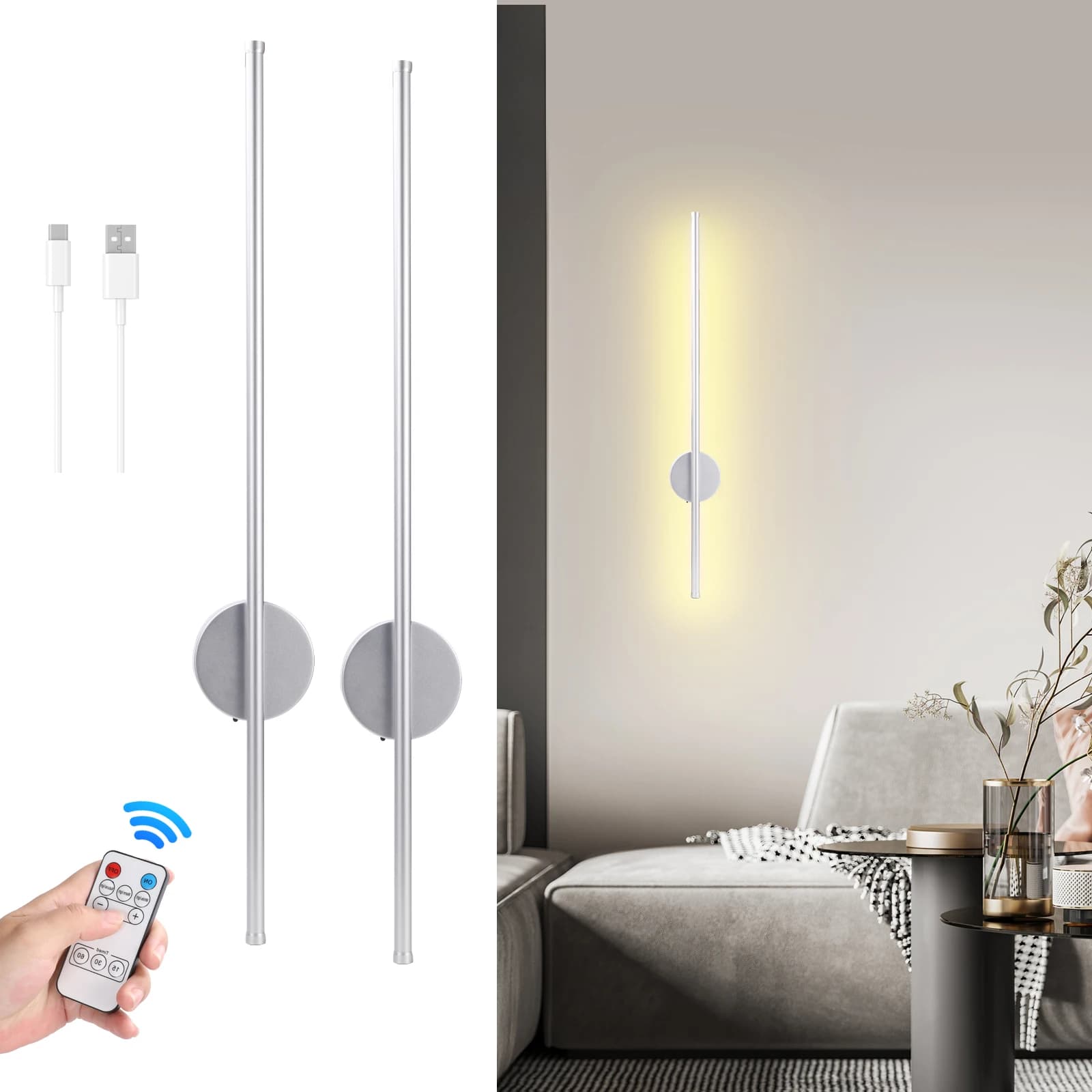 Lampada da parete a LED ricaricabile USB Attrazione magnetica Luce di controllo remoto Camera da letto Specchio da comodino Illuminazione dell'hotel 1PCS 50/80cm Striscia