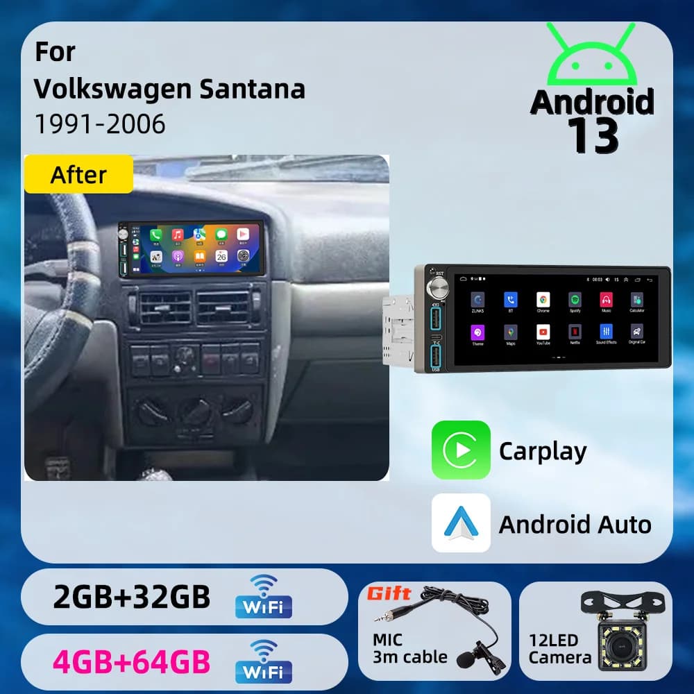 6.86" Android 1Din Car Screen Car Multimedia Autoradio Radio Head Unit Stereo for VW Volkswagen Santana 1991-2006 Carplay GPS
