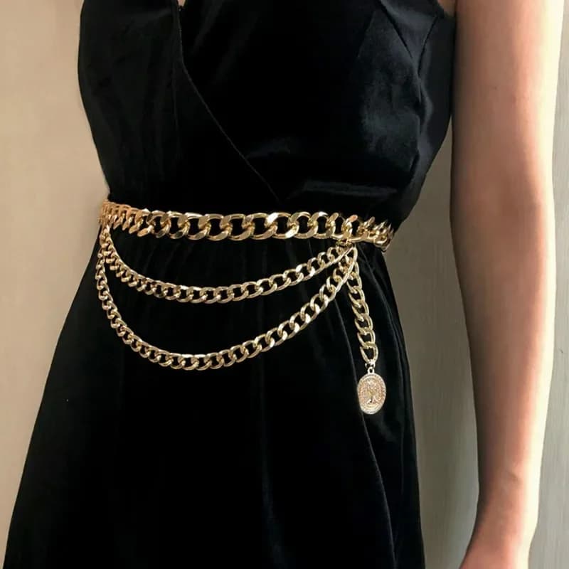 Cintura a catena con nappe oro per abiti da donna, di marca di lusso, stile punk, con frange argento, cinture in vita da donna, cintura in metallo dorato per vestiti