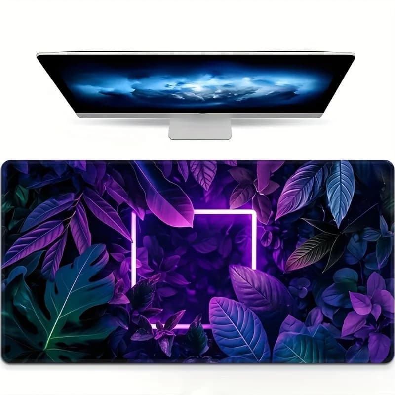 Tappetino per Mouse da Gaming Grande con Motivo Foglie Verdi, Tappetino da Scrivania con Piante Viola, Bordi in Gomma Cuciti, Graziosi Tappetini per Tastiera per Arredo Ufficio