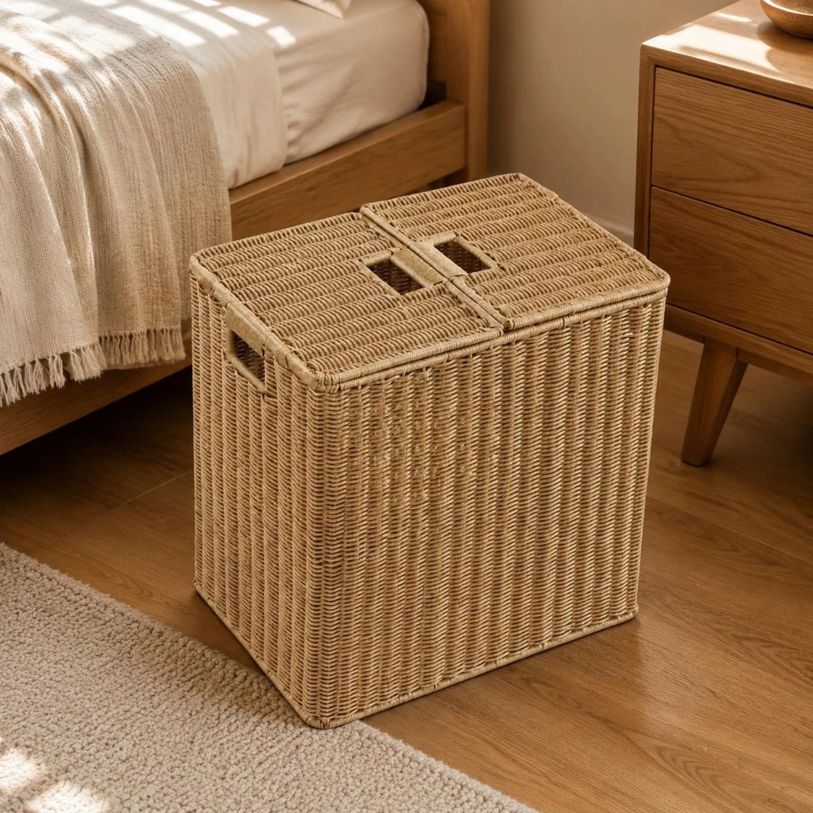Rattan Storage Box Built-in Handles Woven Storage Bin Woven Laundry Box Light Coffee Household Organizer with Lid