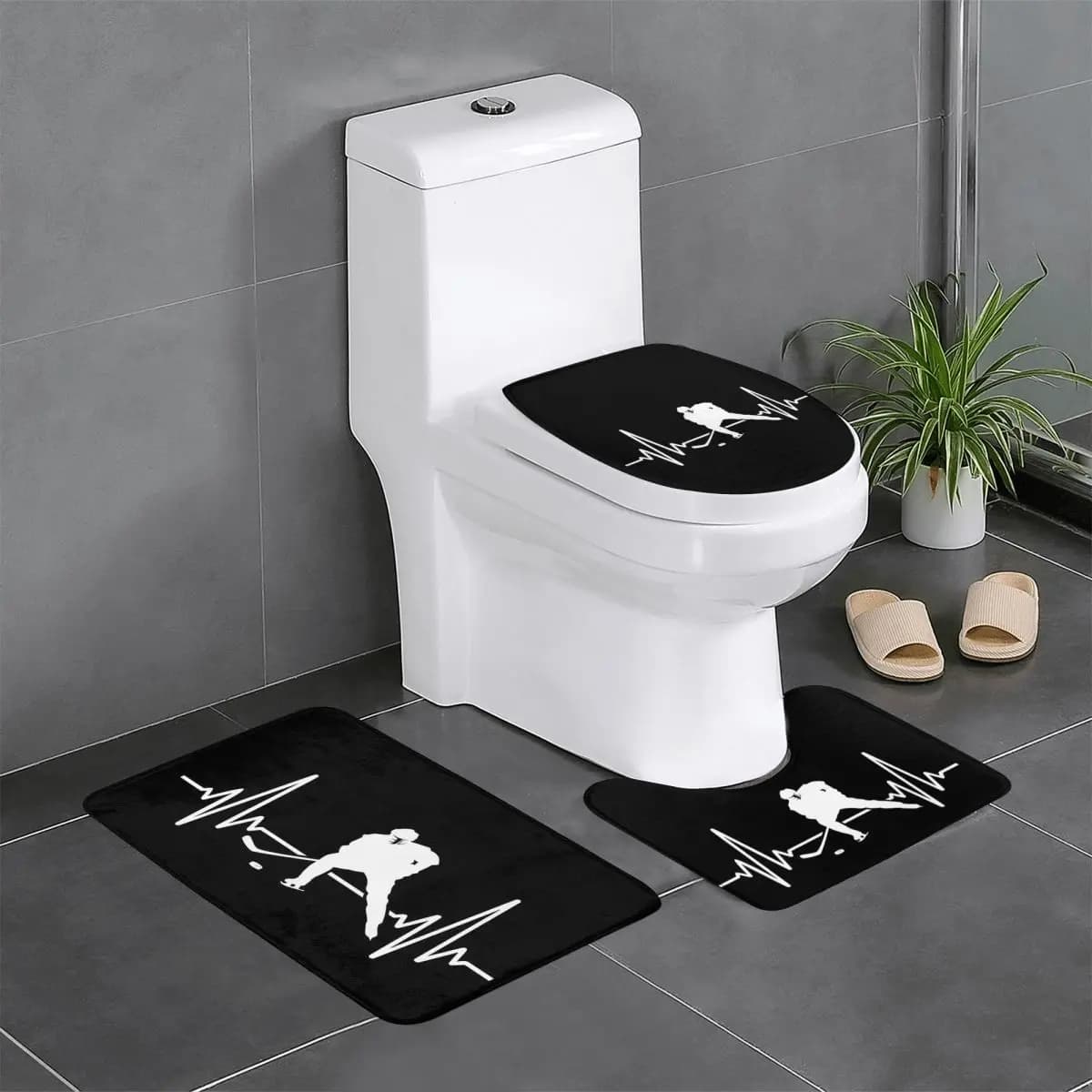Battito cardiaco da hockey su ghiaccio, battito cardiaco da hockey 3 pezzi Tappetino da bagno Set da bagno Copriwater Decorazioni per la casa Tappeto antiscivolo Tappeto da pavimento