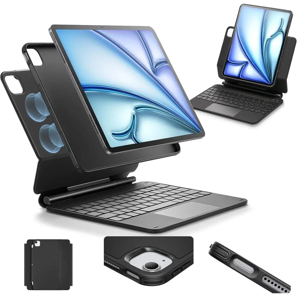 Custodia per iPad Air/Pro da 11 pollici con tastiera, supporto magnetico, cover rimovibile, nera