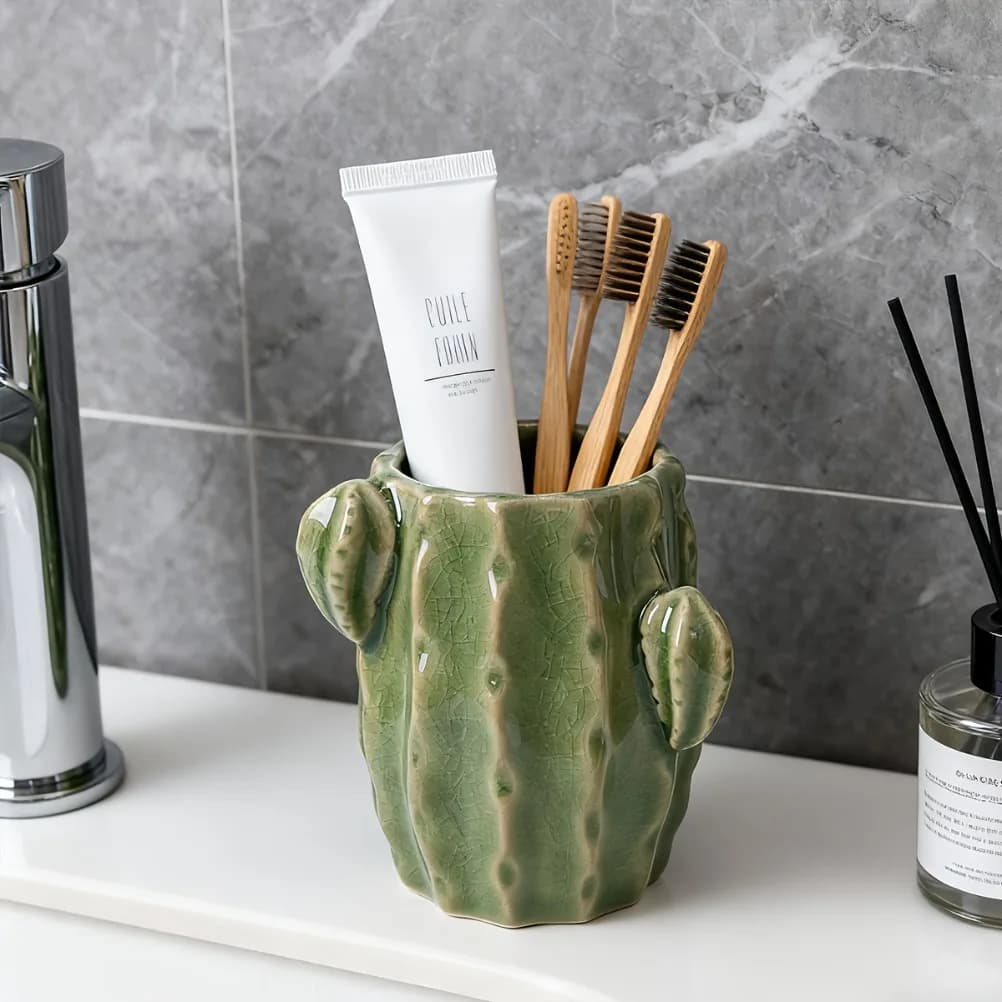 Simpatico portaspazzolino in ceramica con cactus, spazzolini da denti e piccoli articoli da toeletta, portaoggetti multiuso, accessori da bagno