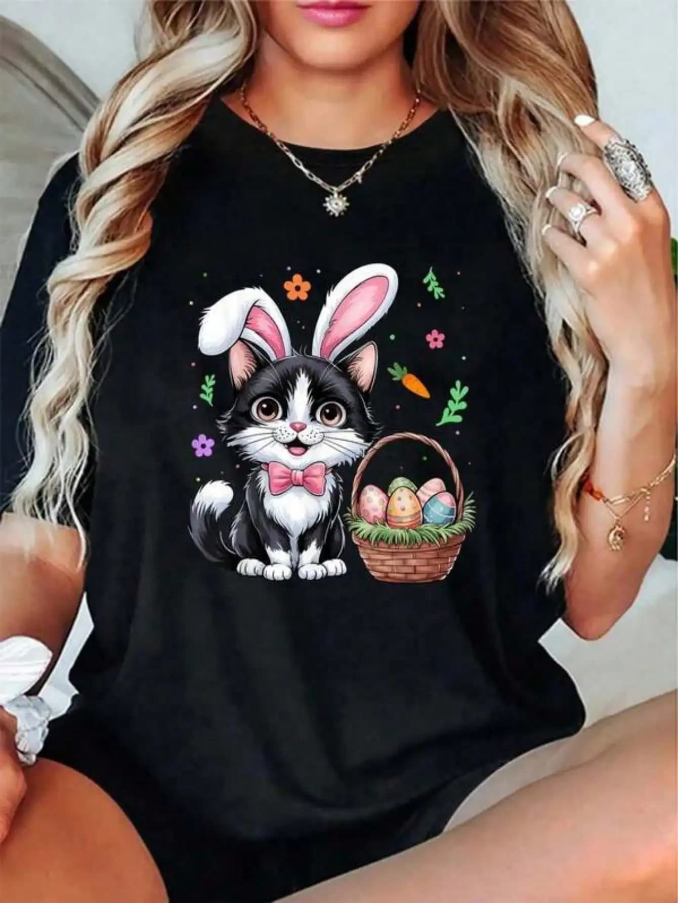Easter Day Cat Bunny Ears Easter Eggs Rabbit Women T-Shirt - Graphic Tees Festival Outfits For Women, Tops For Summer, Top De Mujer Women Summer Clothes