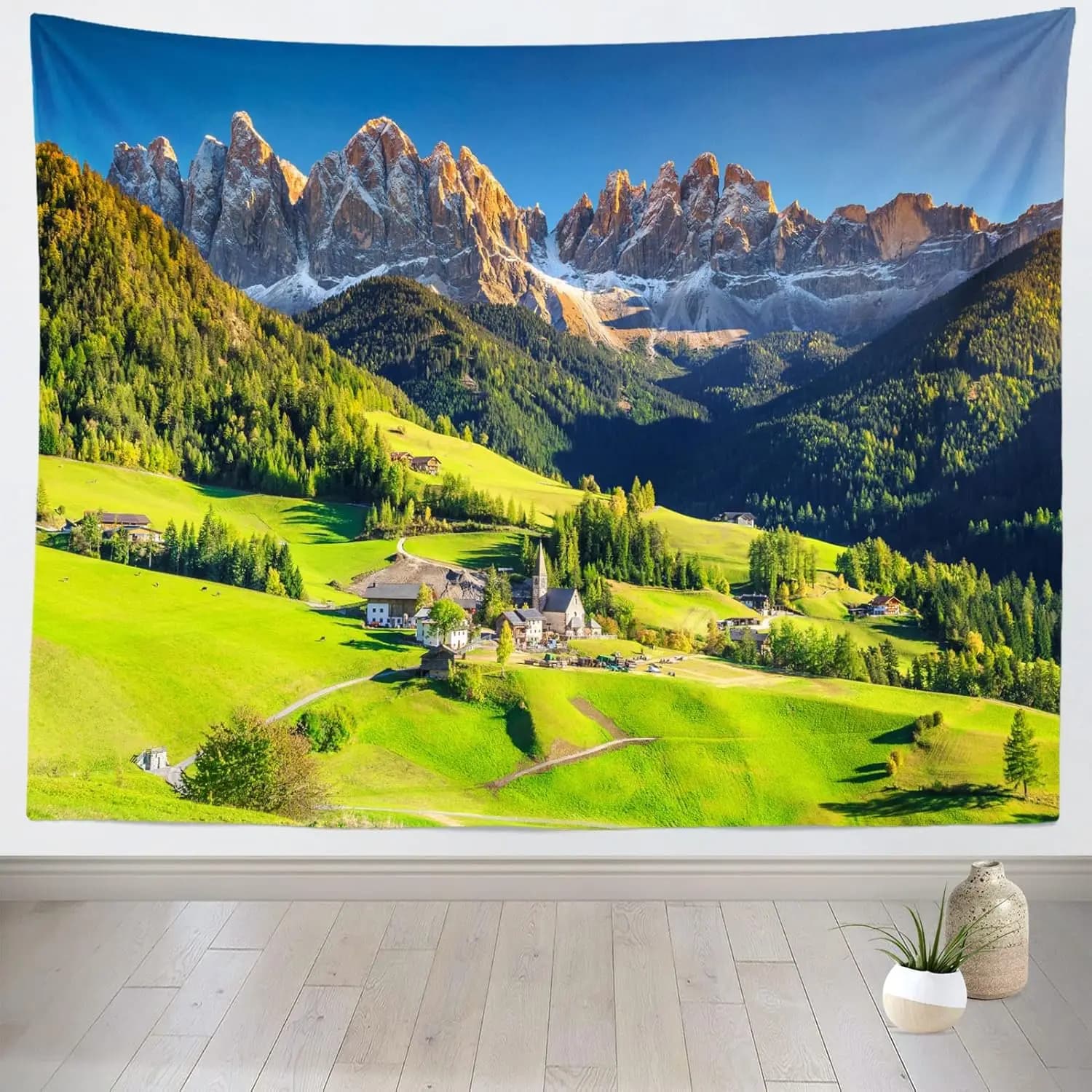 European Alps Mountains Wall Tapestry Swiss Mountains Tapestry Green Forest Grassland Hills Village Mountain Nature Landscape