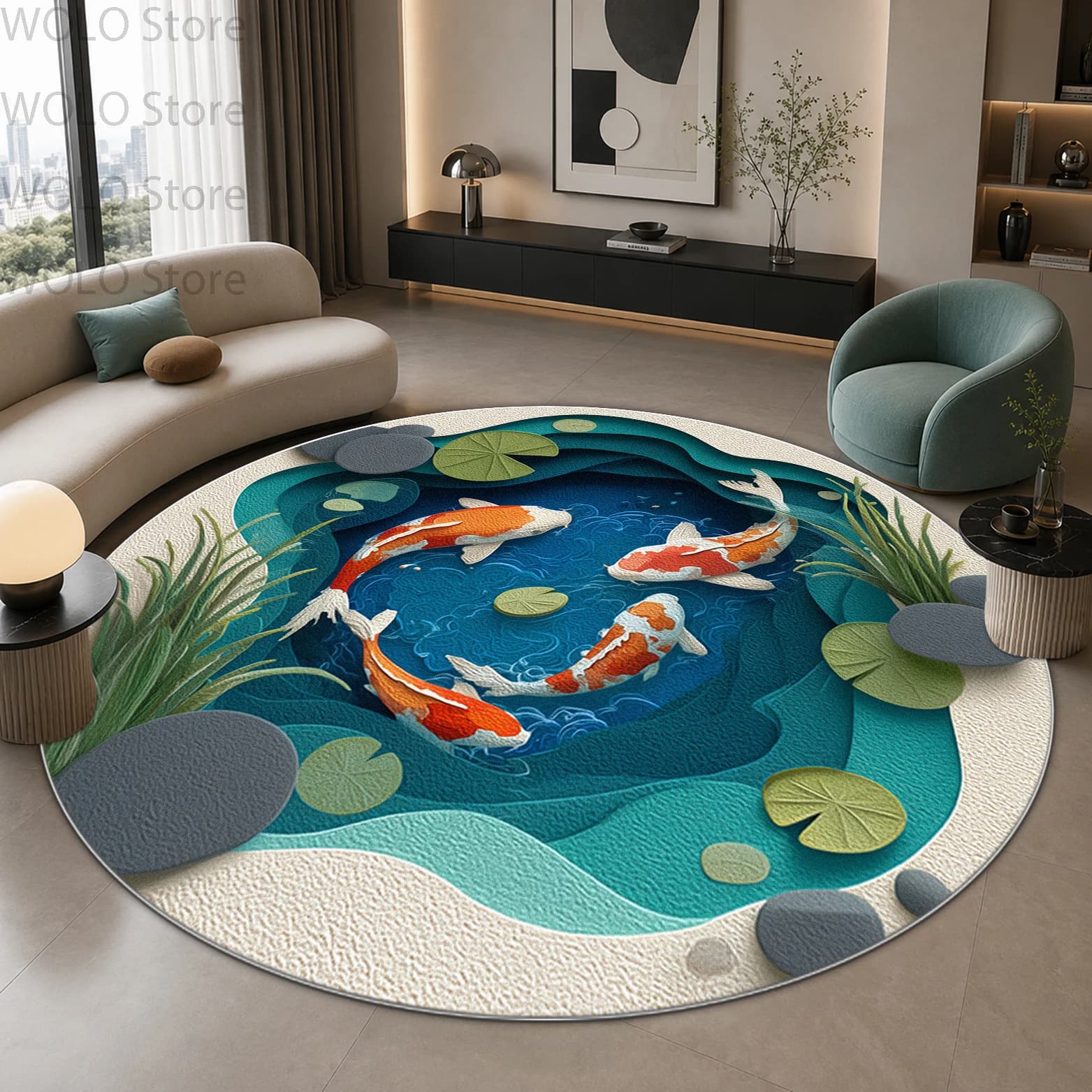 Koi Fish Pond 3D Pattern Living Room Round Rug Decoration Home Bedroom Study Non-slip Soft Chair Mat Bedside Washable Carpet