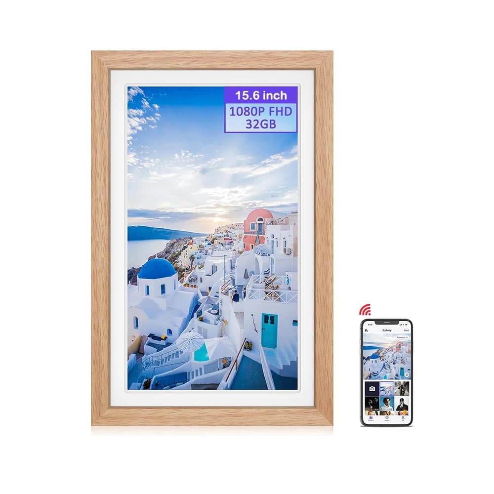 Cornice per foto digitale intelligente WiFi da 15,6 pollici con touch screen IPS HD in legno Configurazione semplice per condividere foto o video da remoto tramite app