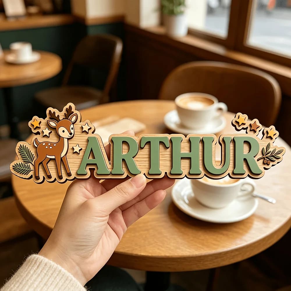 Targa in Legno Personalizzata con Cervo e Stella, Insegna per Porta in Stile Foresta, Decorazione Carina per Cameretta, Grazioso Regalo da Appendere