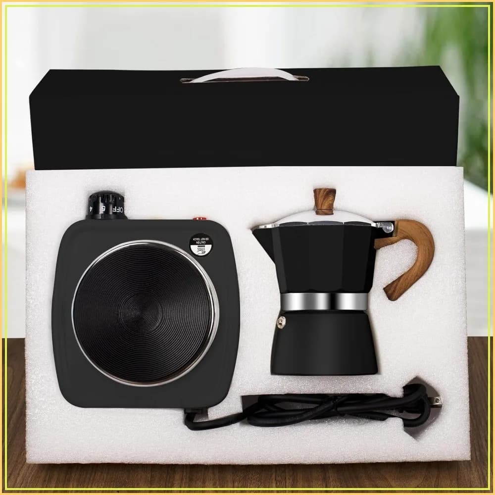 Set Moka 2-in-1 con Fornello Elettrico, Caffettiera da Fornello in Alluminio per 3 Tazze, Portatile per Campeggio