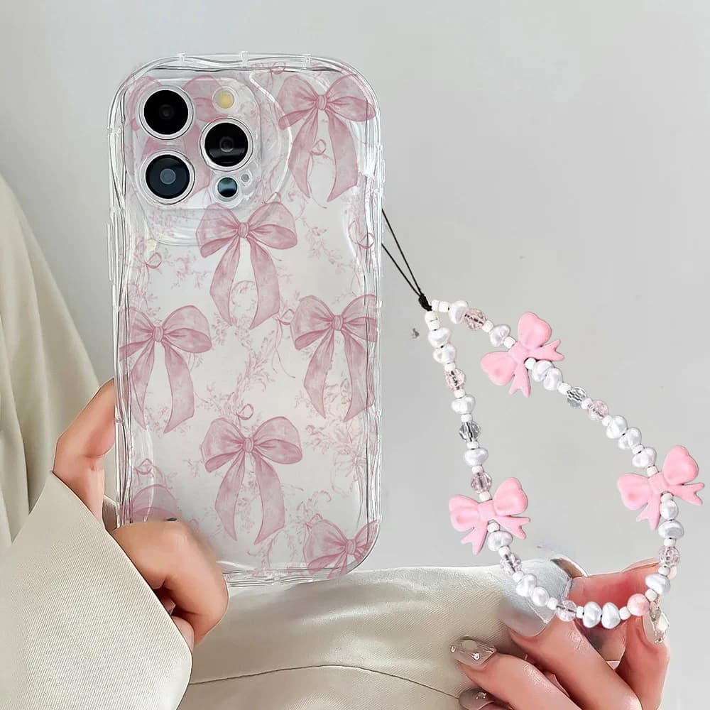 Trendy Cute Pink Bow Tie Lanyard Chain Phone Case for Xiaomi 17T Pro 15T POCO M7 M6 X7 X8 Pro Max F7 F8 Ultra Shockproof Cover