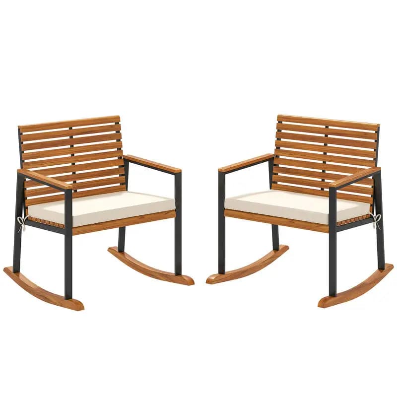 Outsunny Set di 2 Sedie a Dondolo da Esterno in Legno di Acacia, Sedie a Dondolo da Giardino con Braccioli, Cuscino, Bianco Crema