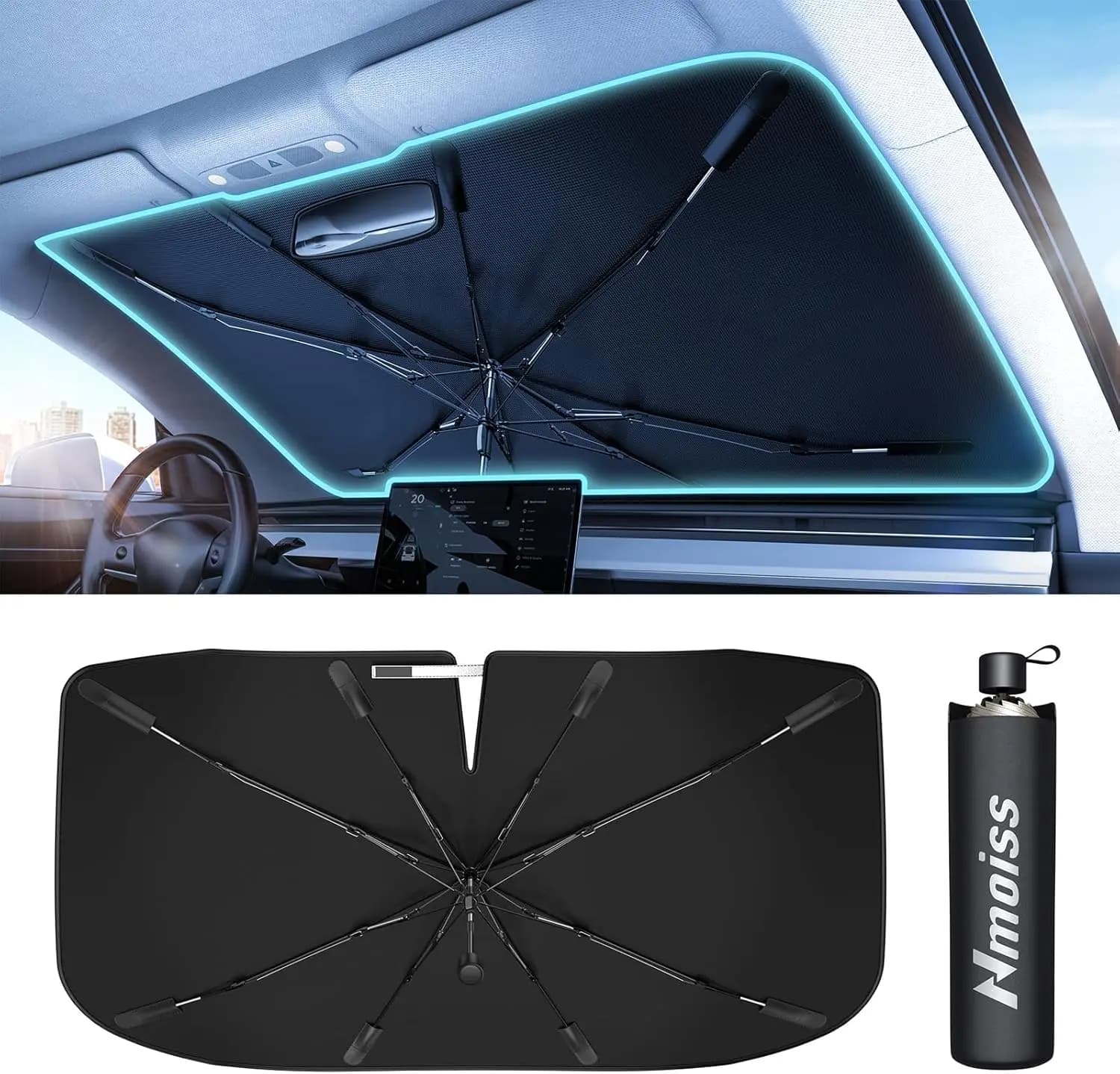 Parasole per parabrezza auto migliorato, rivestimento in vinile che protegge dal sole e dal calore, mantiene l'abitacolo fresco (53"L x 29"W)