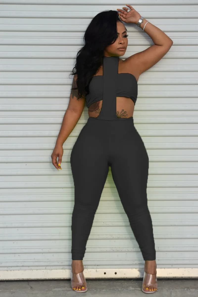 Women Solid 2 Piece Set Tube Tops + Lace Up Halter Backless Skinny Jumpsuits Hollow Out Slim Club Party Overalls Casual Rompers