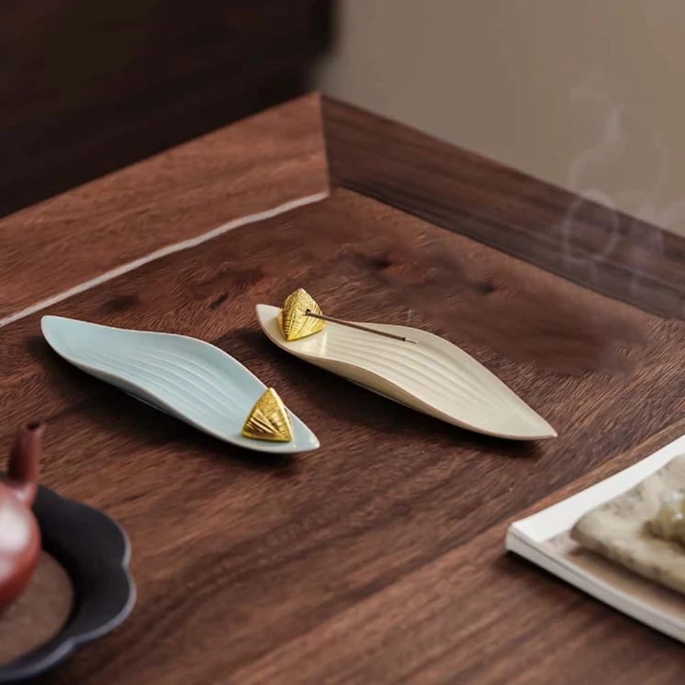 Portaincenso a Forma di Barca Zongzi Mini con Base a Foglia di Zongzi, Bruciatore per Bastoncini d'Incenso, Stile Zen, Ornamento Tradizionale per Aromaterapia