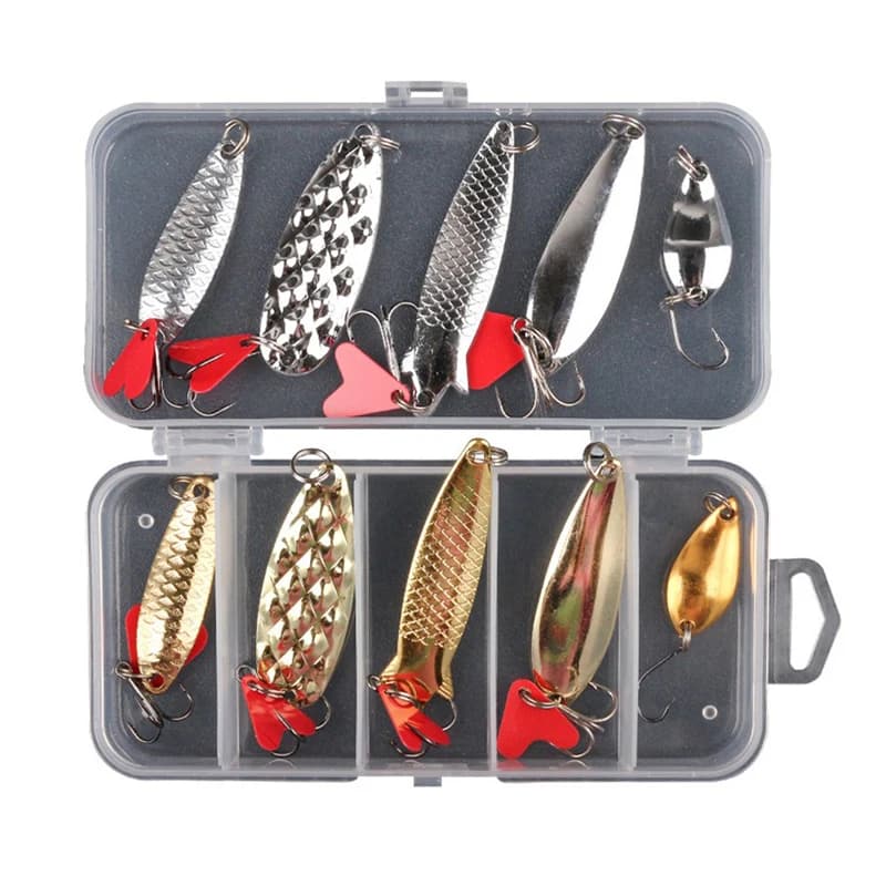10 Pz/set with Fishing Equipment Box Gold Fishing Kit And Metal Jig Knife Spinner Fishing Bench Wobbler Esca Set