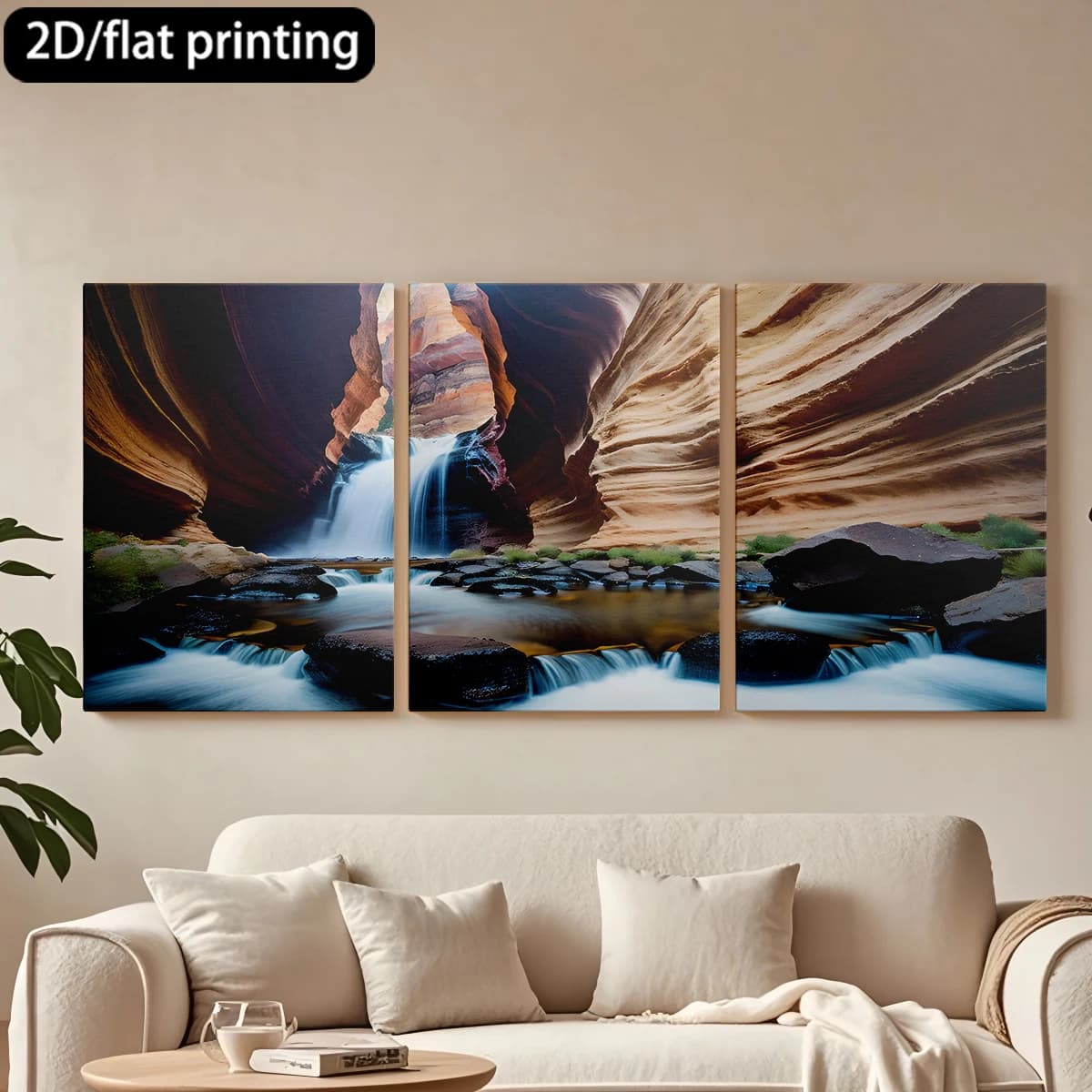 Decorative painting on canvas with wooden frame, 3 pieces. Splendid canyon, waterfall, stream flowing. Tende per camera da letto ikea.