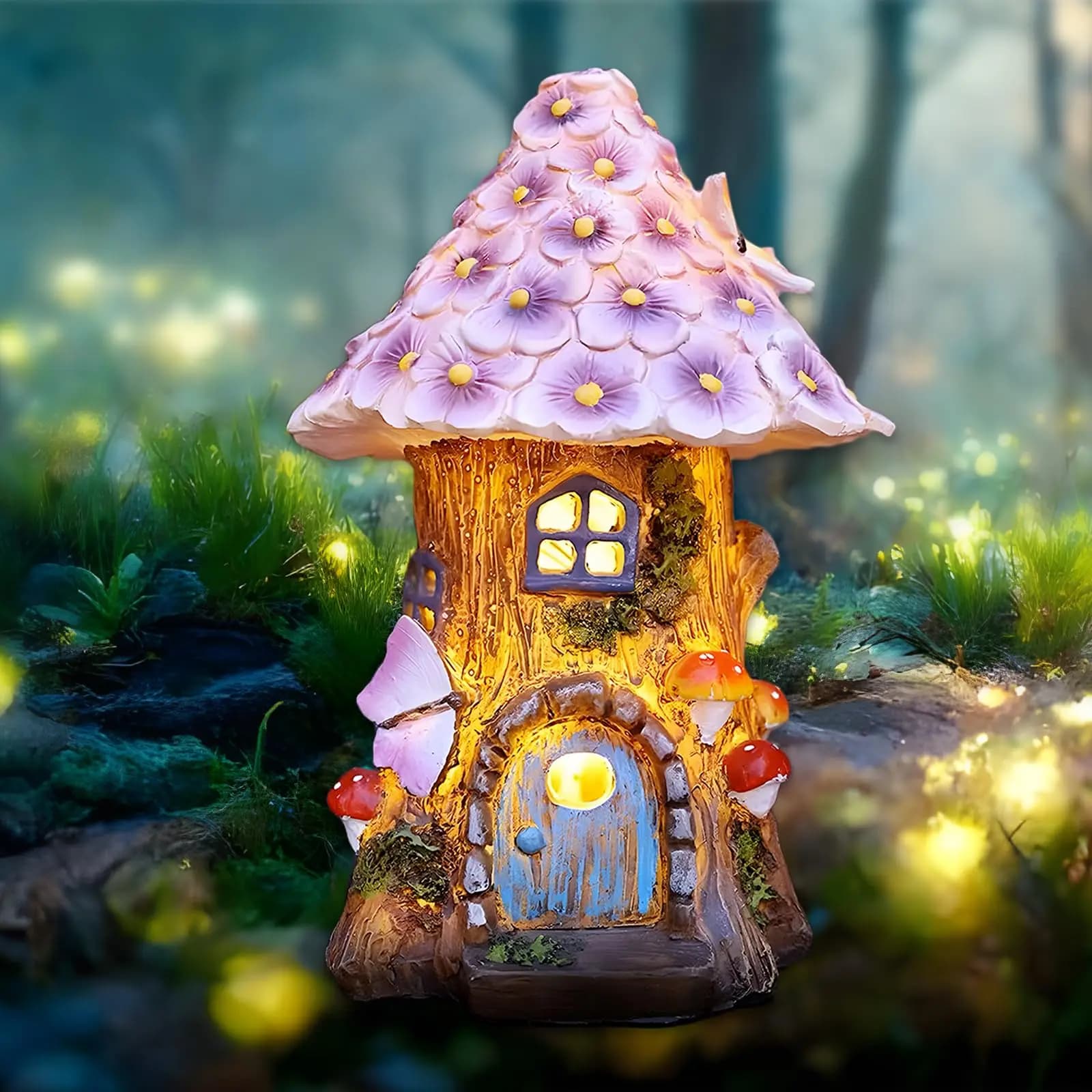 Fata Garden House outdoor solar statue, illuminates the figurines of fungi decorations for the lawn for the courtyard, fairies for the miniature house