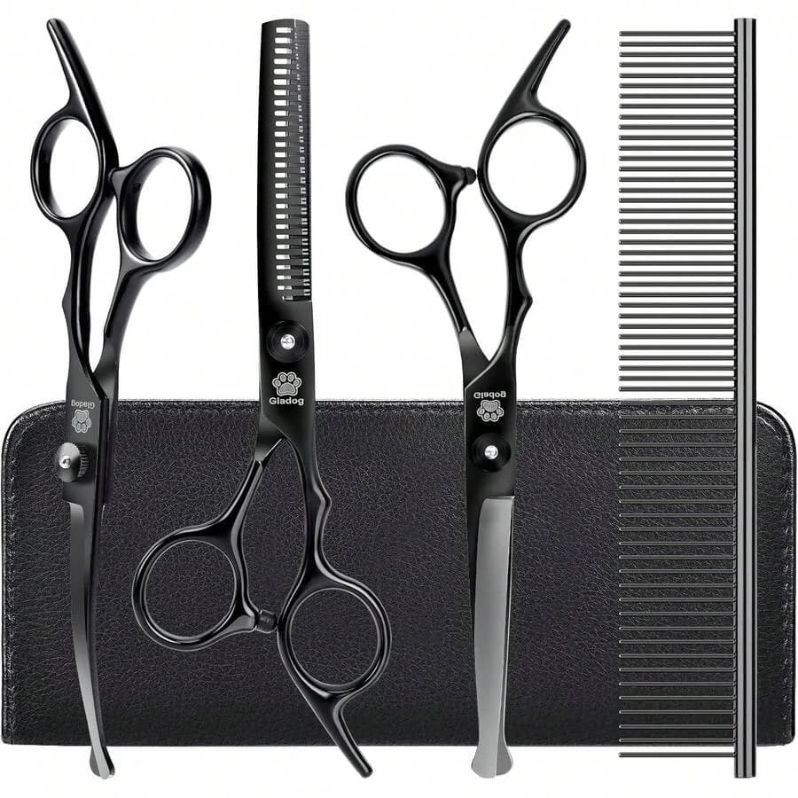 【New Arrival】Professional Dog Grooming Scissors Set, 4Pcs Pet Grooming Kit with Straight, Curved, Thinning Shears & Comb, for Dogs Cats
