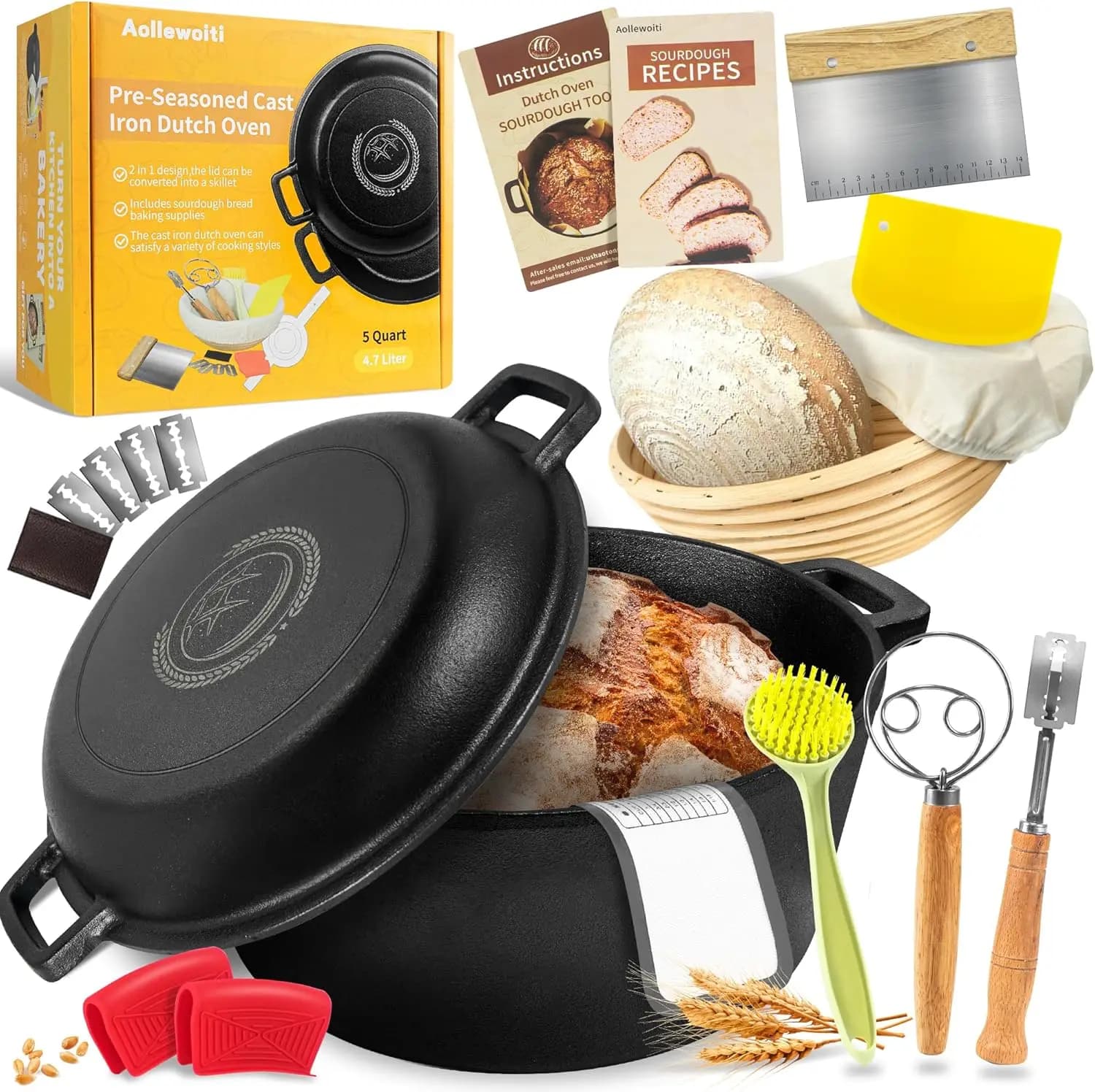 Dutch 5 Qt Cast Iron Pen with Pail Cover and Natural Liege Kit for Cooking, Camping, Frying