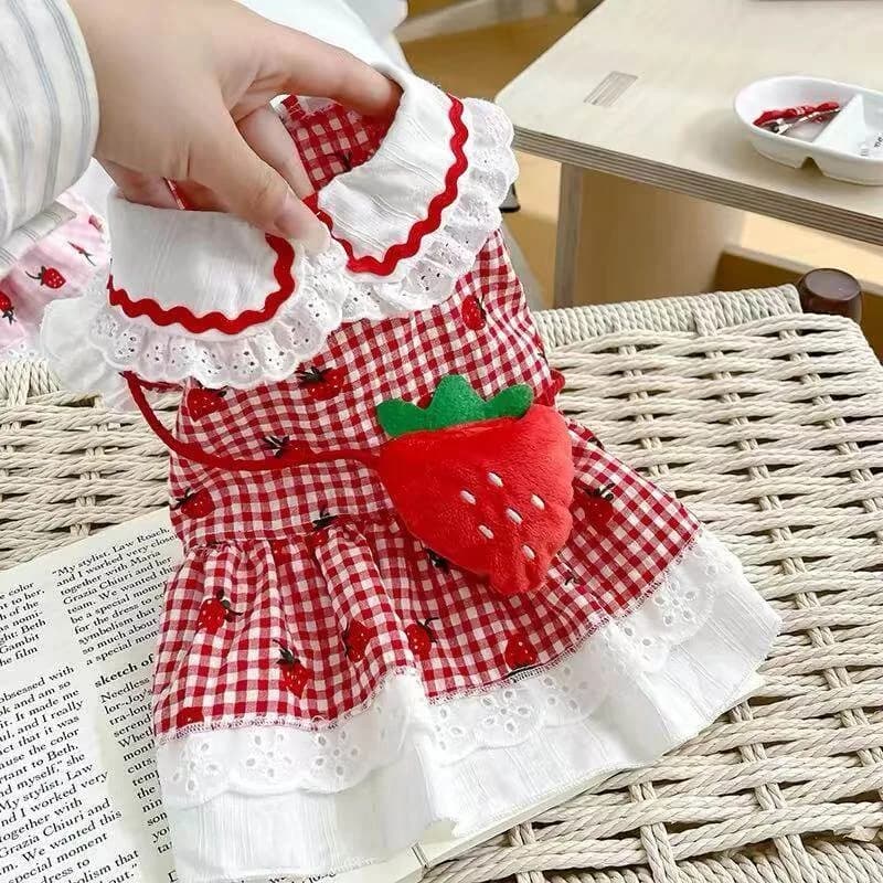 Vestito Estivo a Quadretti Rossi per Cani, Abito con Fragole per Yorkshire, Gonna Carina per Cani