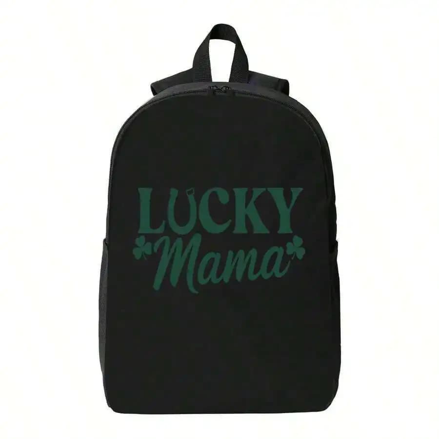 Lucky Mama Black Polyester Backpack For Adults Laptop Daypack Adjustable Straps Zipper Closure
