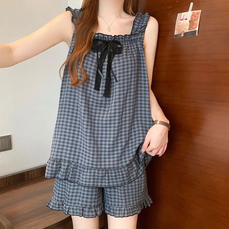 Pigiama scozzese da donna per studentesse coreane, estivo, con top imbottito con spalline e pantaloncini, set canotta e pantaloncini, abbigliamento da notte per dormitorio e casa