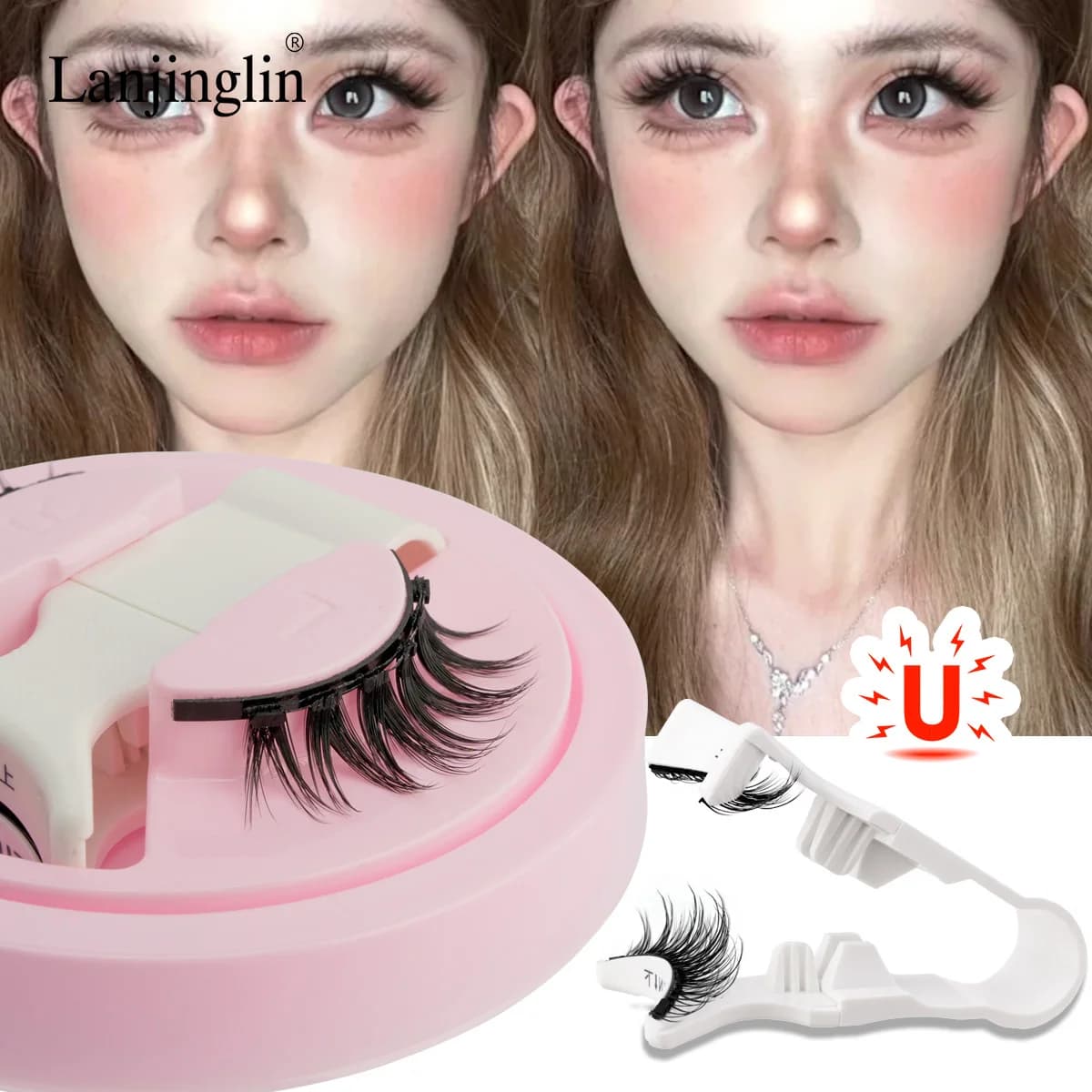 Lanjinglin Magnetic Eyelashes, 1 Paio di Ciglia Finte Naturali in Visone, Reusable, Set with Grips, Tool for Extension Eyelashes and Makeup