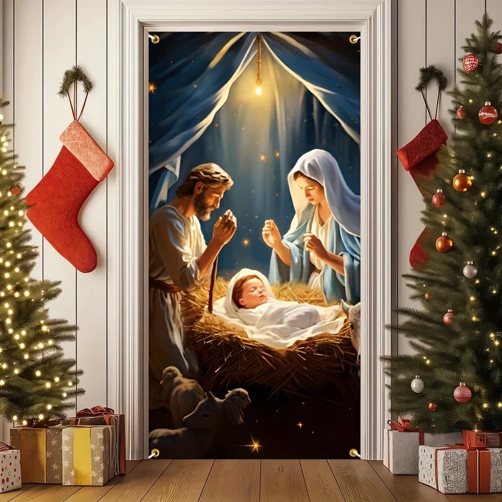 1 piece, Nativity banner, Christmas decorative curtain, festive scene decoration, durable polyester material party banner