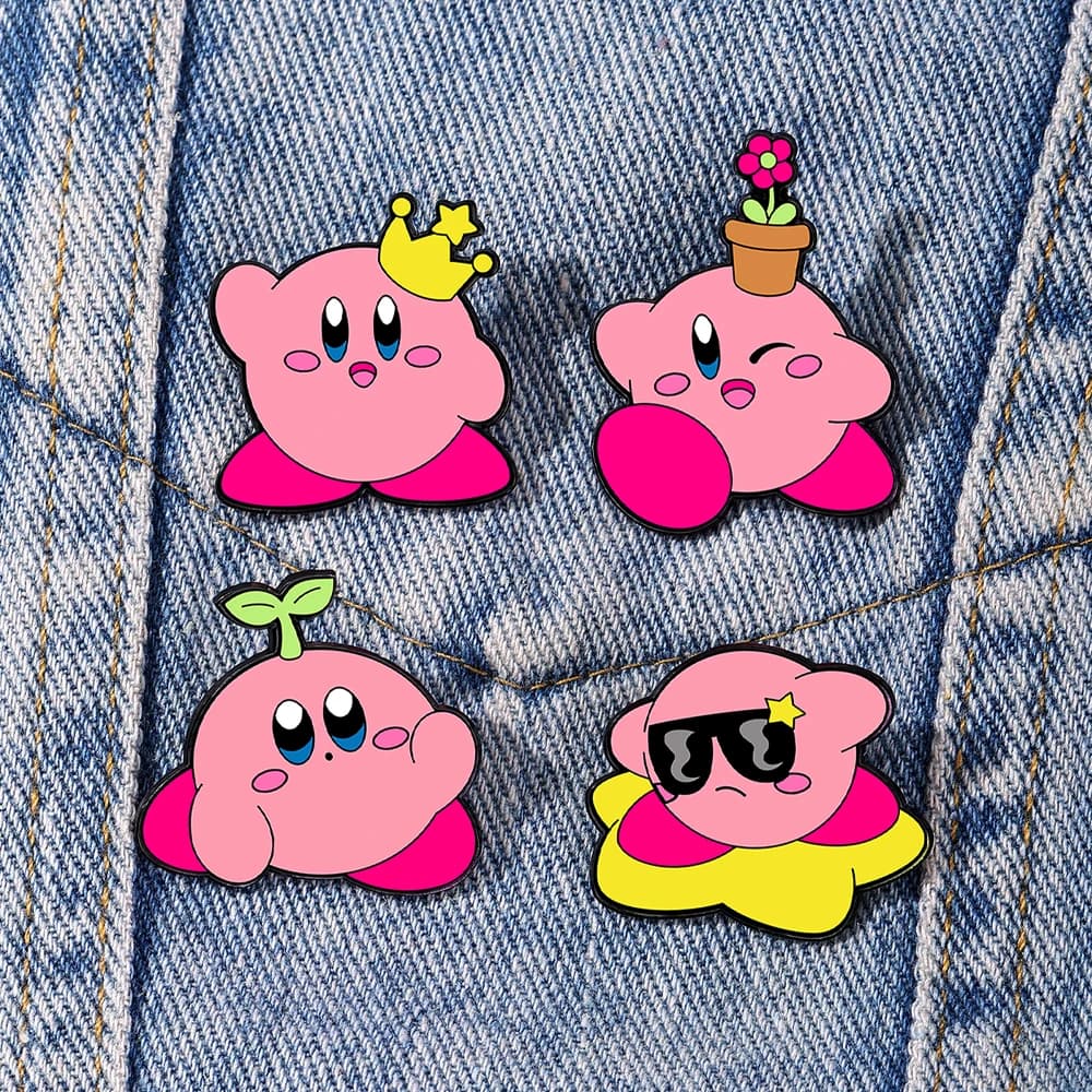 Set of 4 Kirby enamelled pins, fashionable jewelry, animated cartoon pins for women, accessories for backpacks and jeans