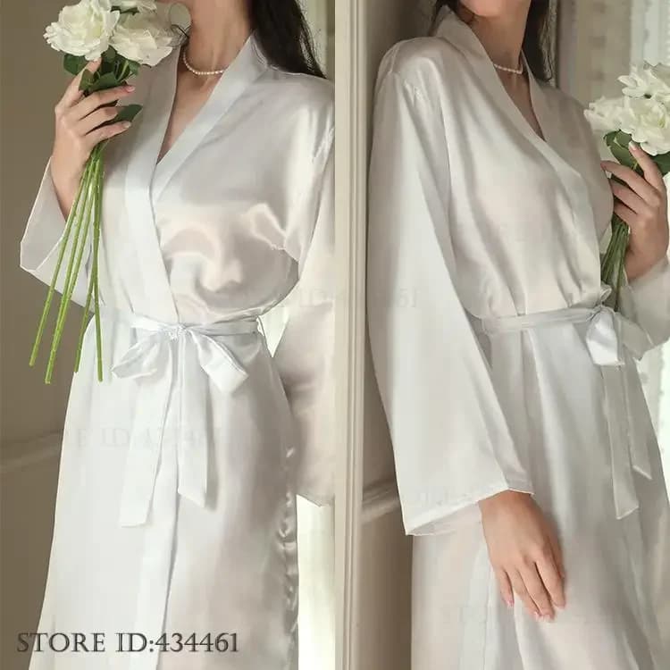 Abito da sposa in raso di seta bianco da sposa, damigella d'onore, abito da notte da donna, lungo kimono, accappatoio, abito da casa allentato sexy