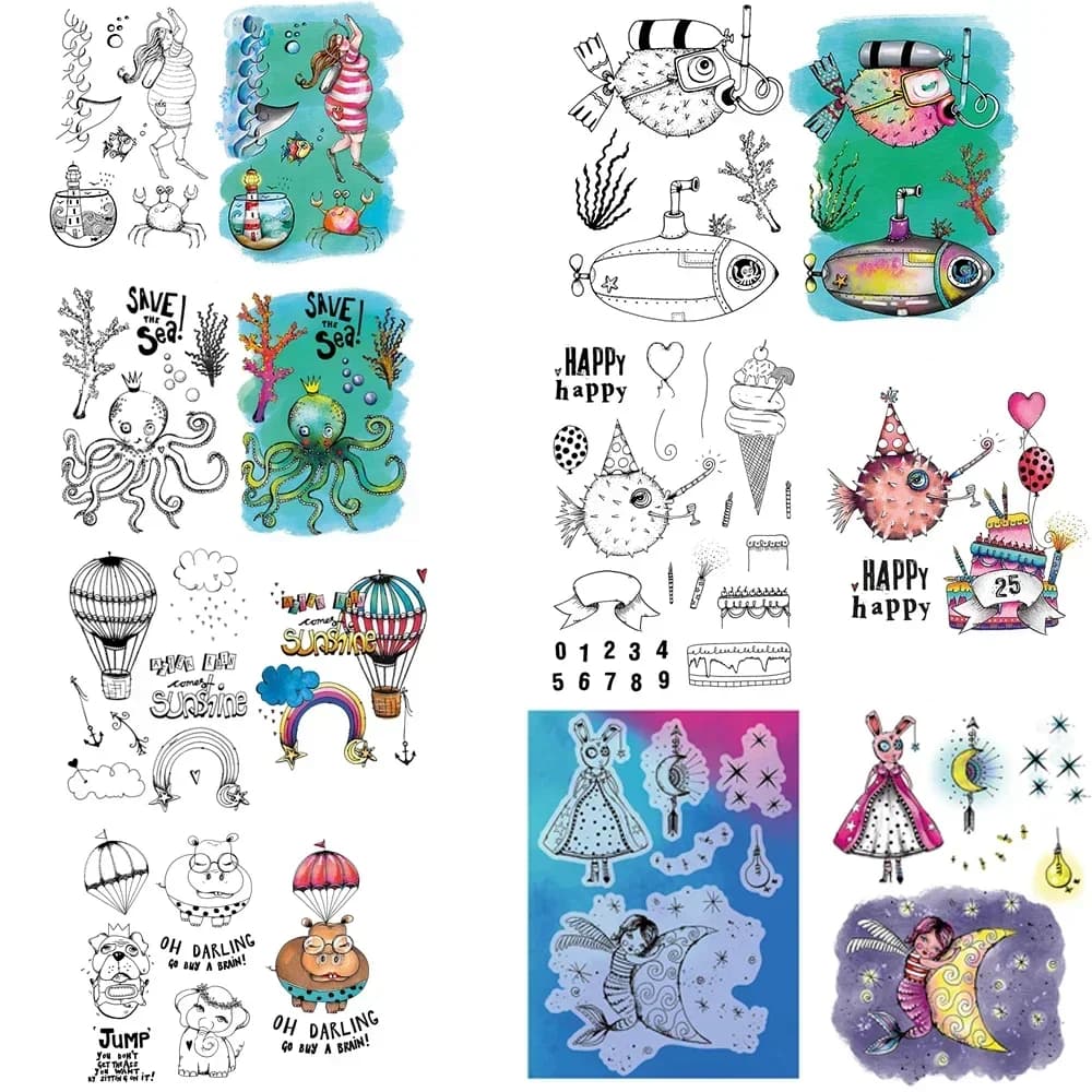 Dive Woman/Globefish Marine Animal Clear Stamps Mermaid Birthday Hot Air Balloon Stamp Set For DIY Scrapbooking Card Craft Makin