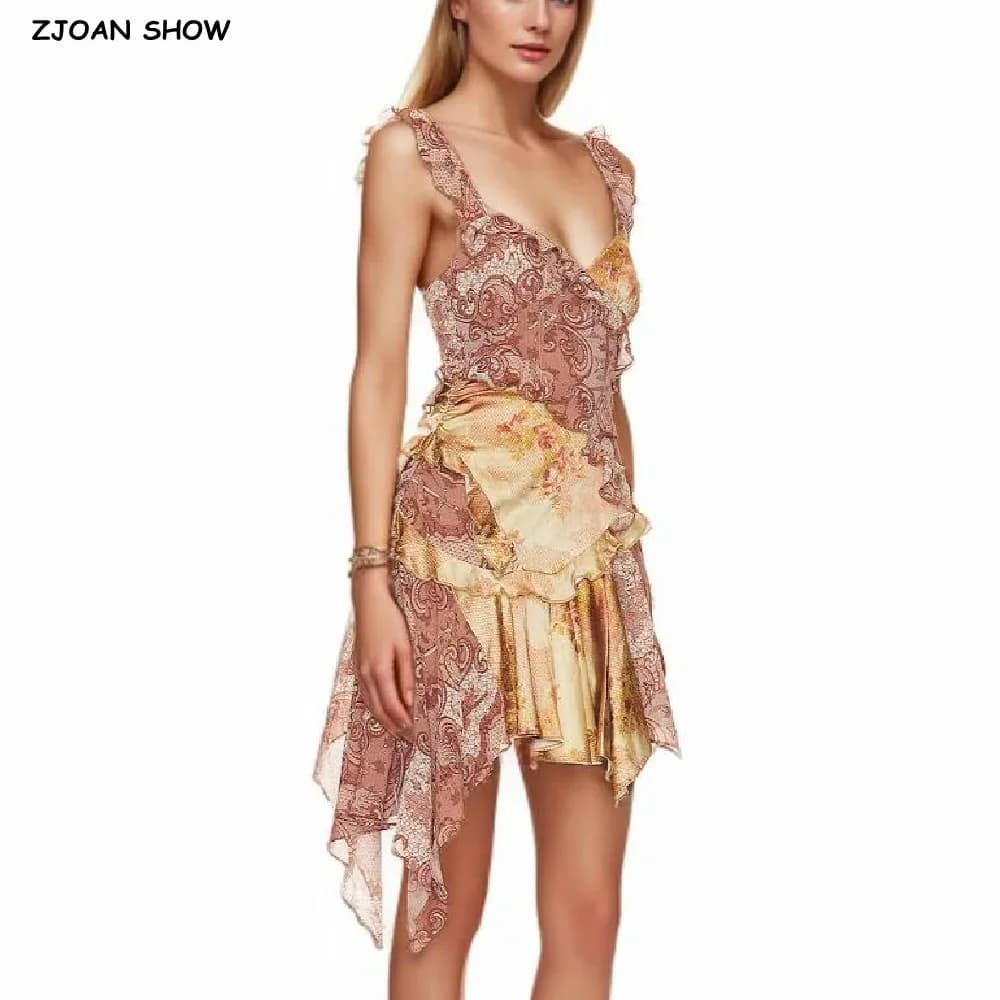 Sexy scollo a V Paisley Totem Stampa Orecchie in legno Ruffles Strap Mini abito Donna Vita bassa Orlo Increspato Pieghettato Abito irregolare Vacanza
